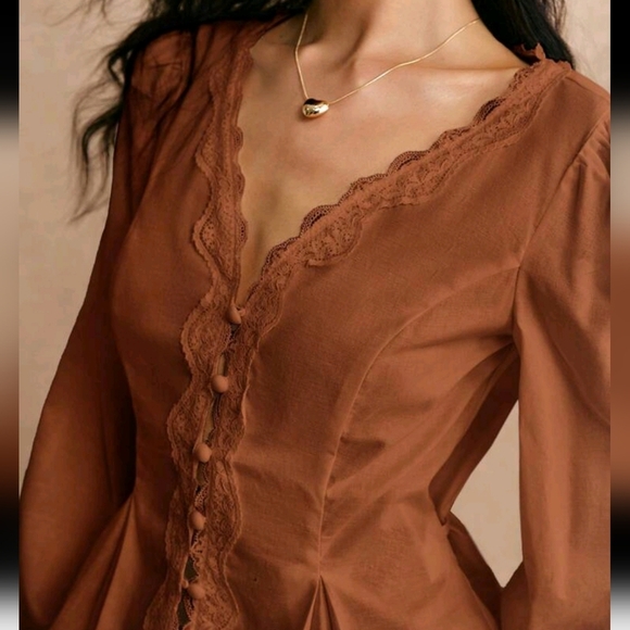 Cotton Elegant Lace Trimmed Waist Button Detail Shirt, Long Sleeve Shirt - Picture 2 of 6